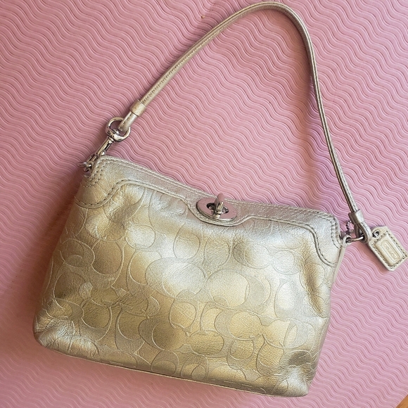 Coach Handbags - Coach Y2K Gold Leather Legacy Foldover Wristlet with Turn Lock Mini Bag